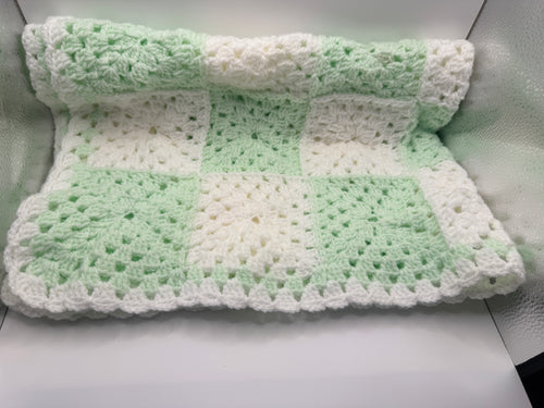 Green and White Crochet Blanket