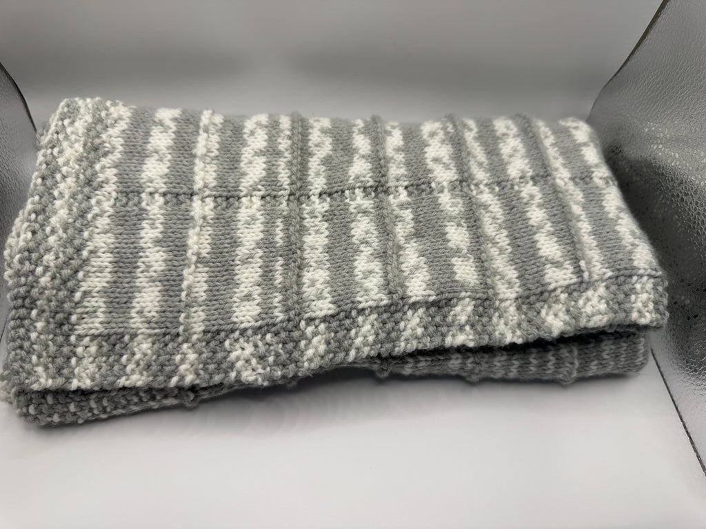 Grey and White Knitted Baby Blanket