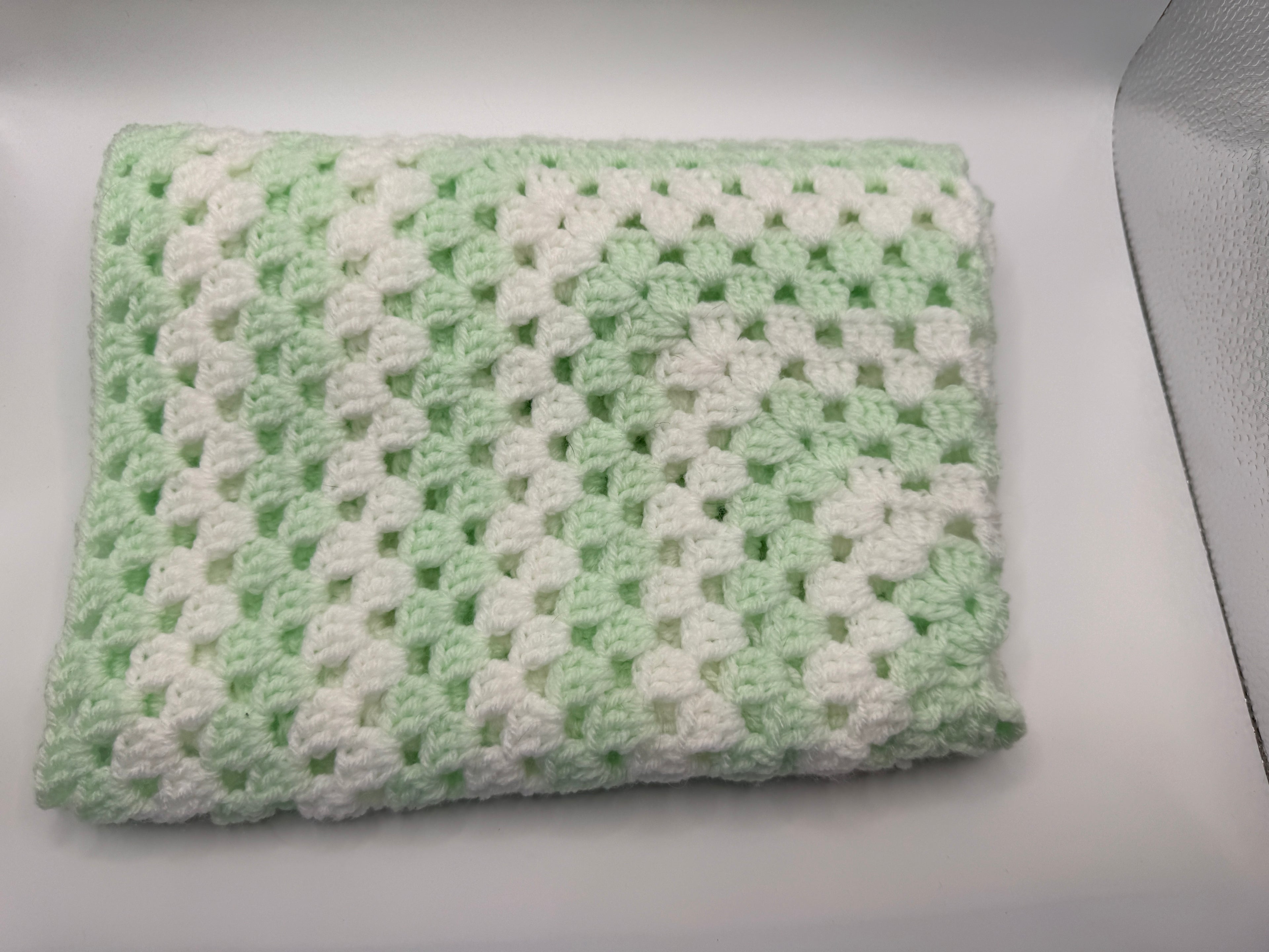 Green and White Crochet Blanket
