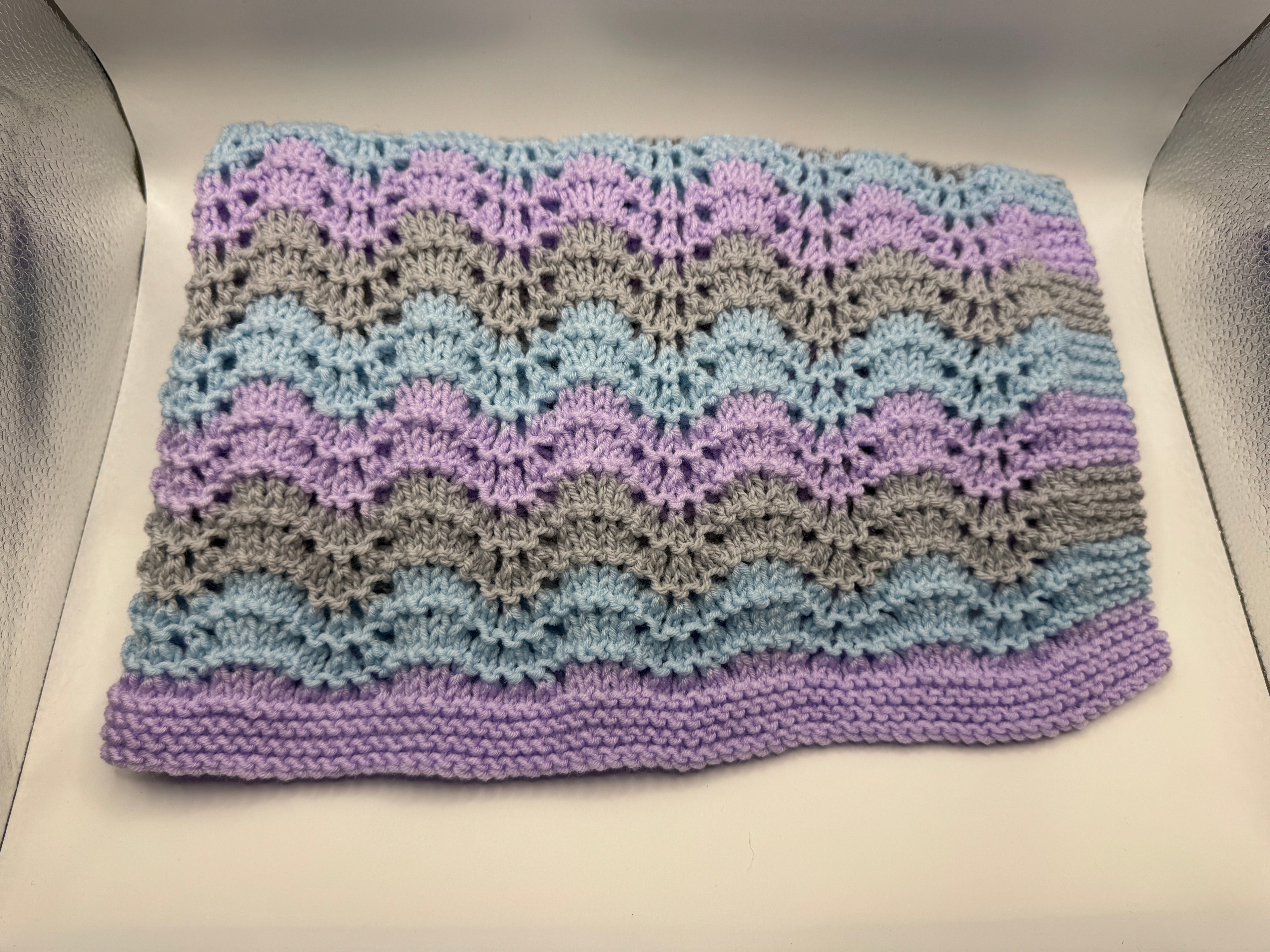 Blue, Purple and Grey Knitted Blanket